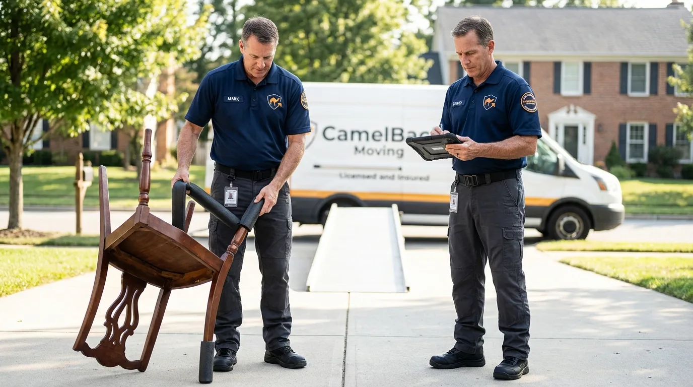 Movers inspecting furniture for damage prevention before loading in Hawthorne, NV