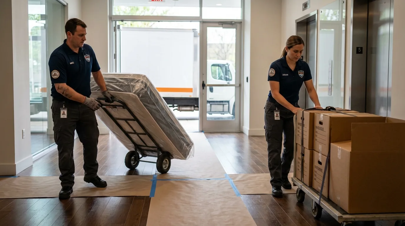 Professional apartment movers loading elevator in Hawthorne, NV